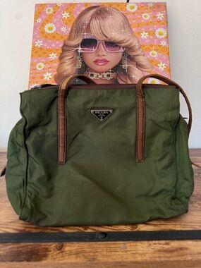 Prada Olive Green Nylon Tote with Brown Leather Trim.